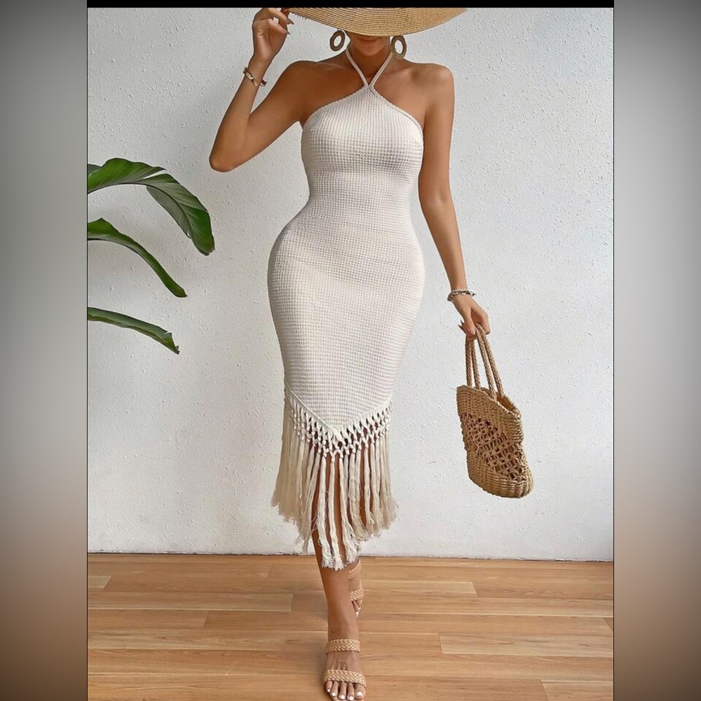 SHEIN VCAY Fringe Hem Tie Backless Halter Dress SMALL